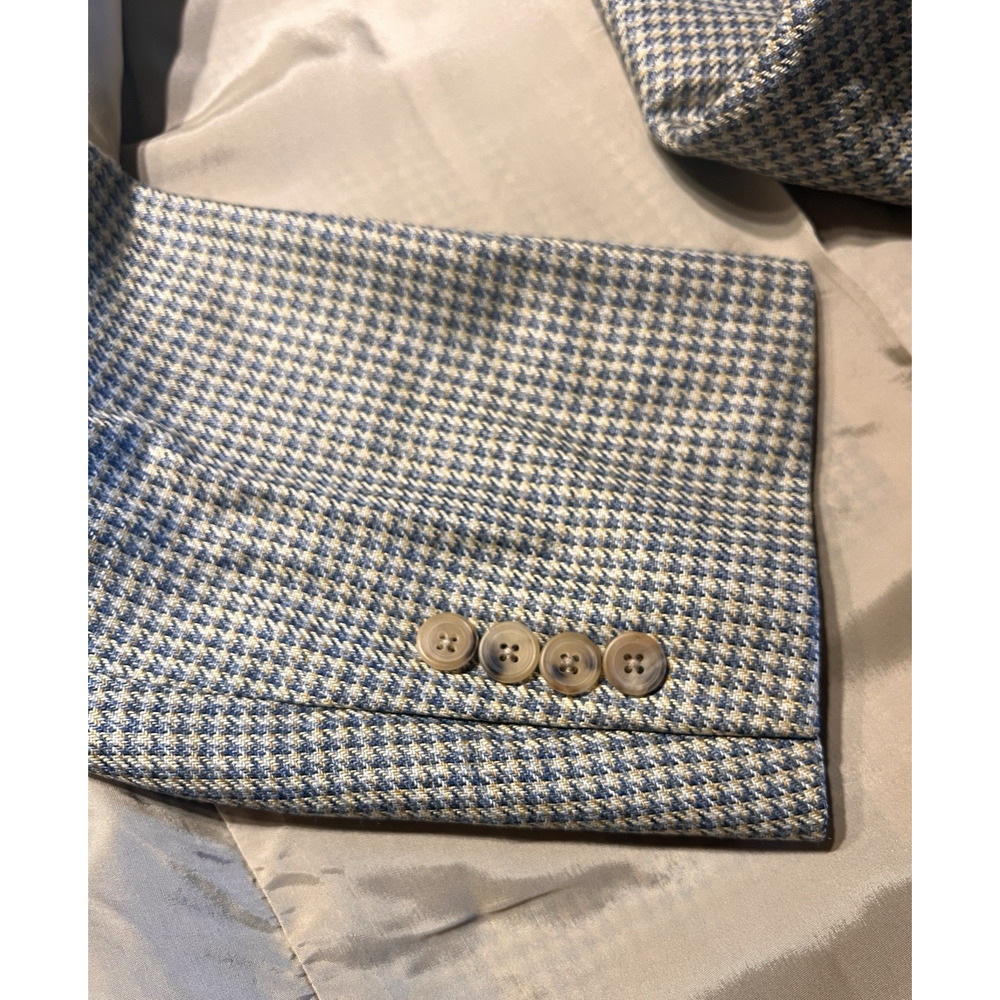 Samuelsohn Italian Silk Blazer 42L Ice Blue and Cream Houndstooth 3 Btn - Picture 9 of 13